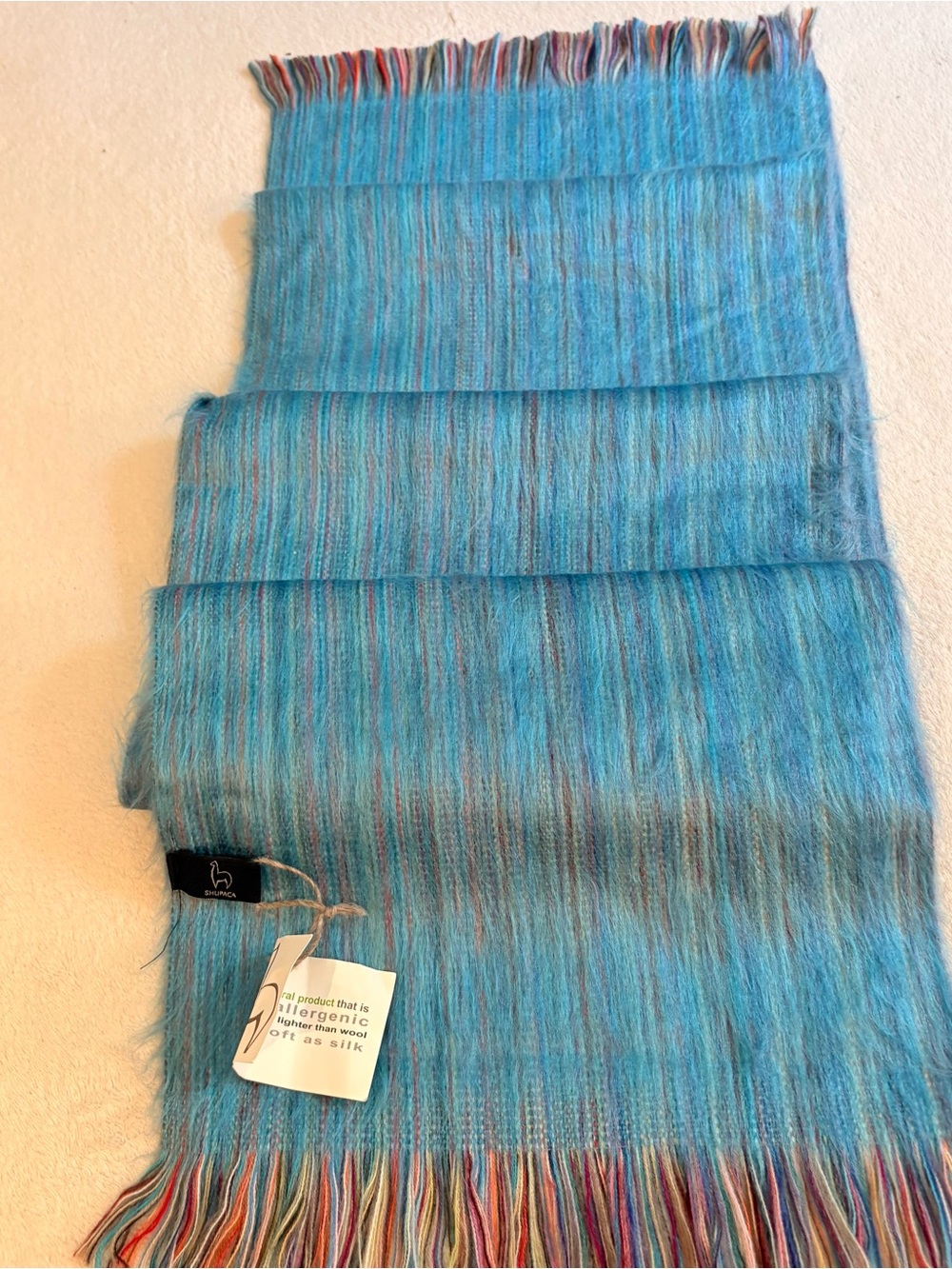 Alpaca Turquoise Blue Fuzzy Multitone Women's Scarf Rainbow Fringe NWT